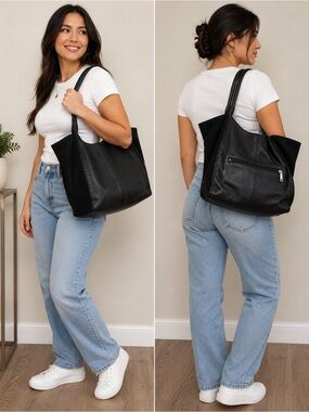 The Sak Los Feliz Leather Suede Tote Shoulder Bag Black Large Everyday Purse